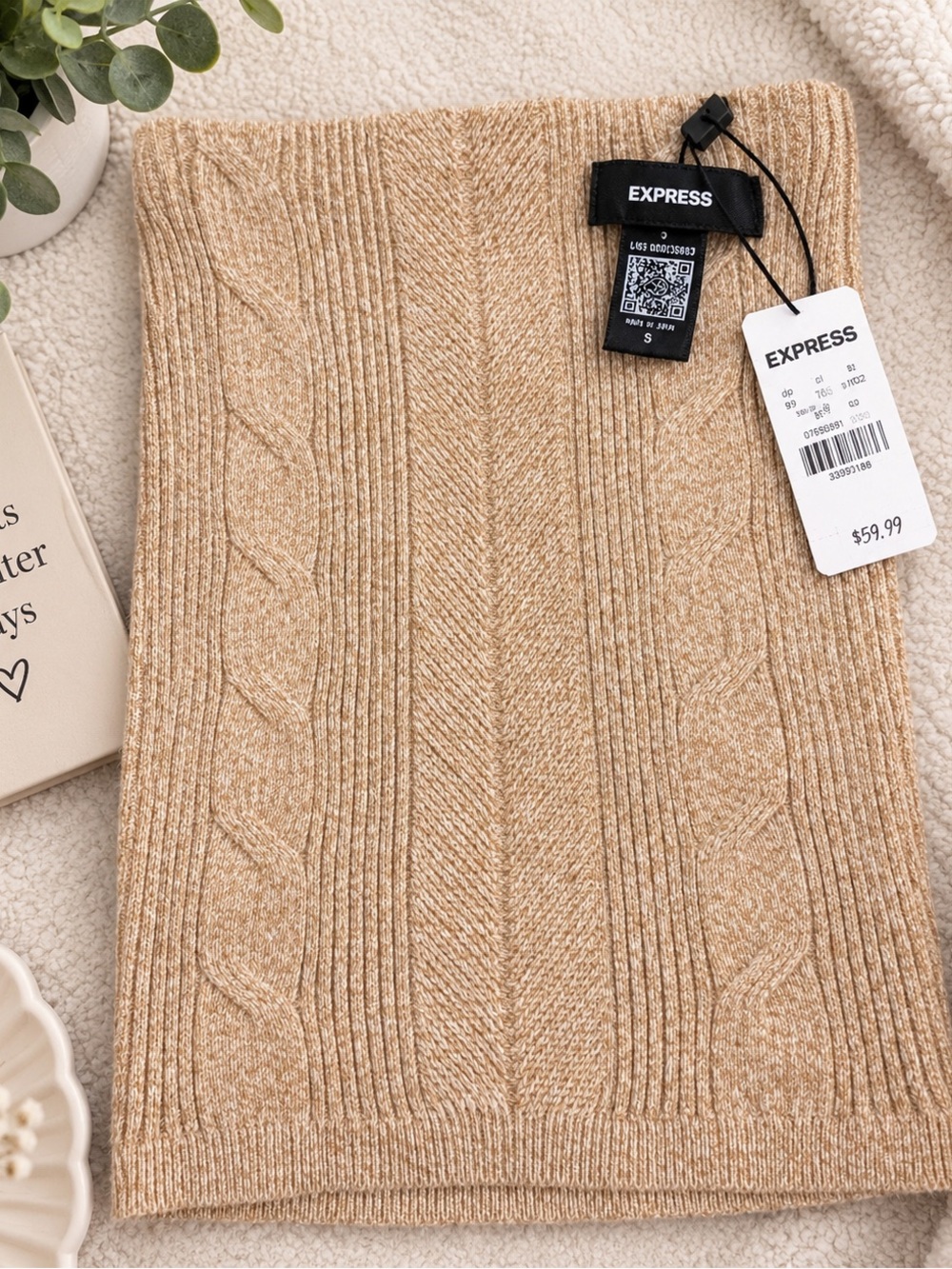 Express Cable Knit Cowl Neck Sweater - Beige